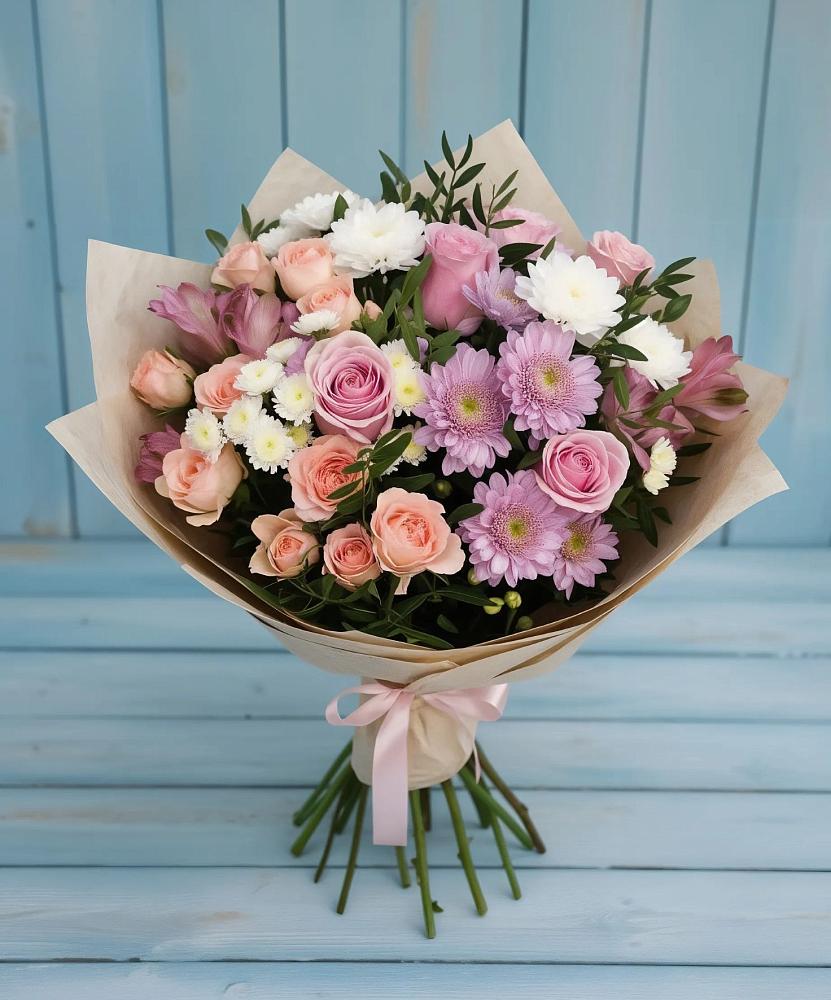 Букет цветов из: Хризантемы, Розы и Альстромерии в Сибае