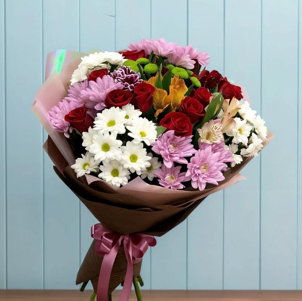 Букет цветов из: Розы, Хризантемы и Альстромерии в Сибае