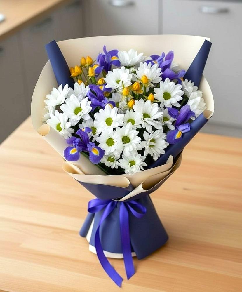 Букет цветов из: Розы, Ирисы и Хризантемы в Сибае