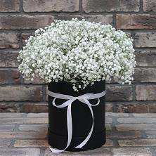 Цветочная композиция из Гипсофила в шляпной коробке в Сибае